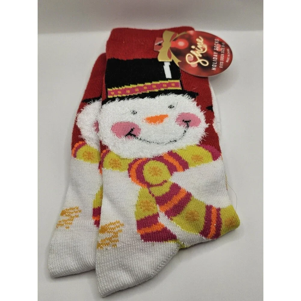 NEW WOMENS 1 PAIR KOHLS SHINE CREW SOCKS FUZZY FACE SNOWMAN RED WHITE HOLIDAY